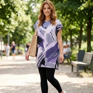 Wynne Layers Abstract Purple Women's Tunic Top SZ Small Cap Sleeve Summer OverSz